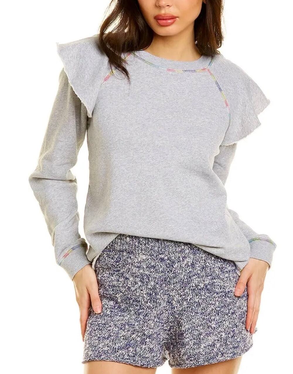 Something Navy Meghan Gray Ruffled Crewneck Terry Pullover Sweatshirt Size XS
